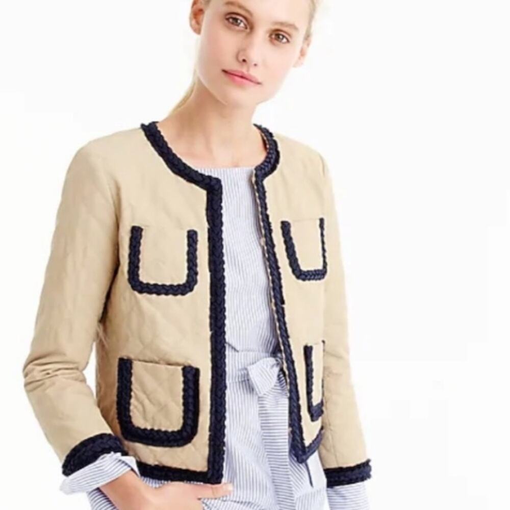 J. Crew Quilted Tan Cropped Lady Jacket Braided Fringe Trim Blazer Sz 00